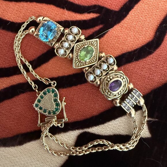 14K & 10K Gold Gemstone Slider Charm Bracelet - 24g+ - Picture 3 of 7